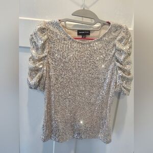 Fifteen Twenty Sequin Puff Sleeve Top Women’s S Silver Sparkle Party Holiday